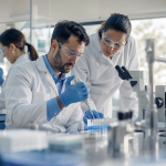 Pesquisadores analisam amostras em laboratório durante o desenvolvimento de vacina de RNA mensageiro